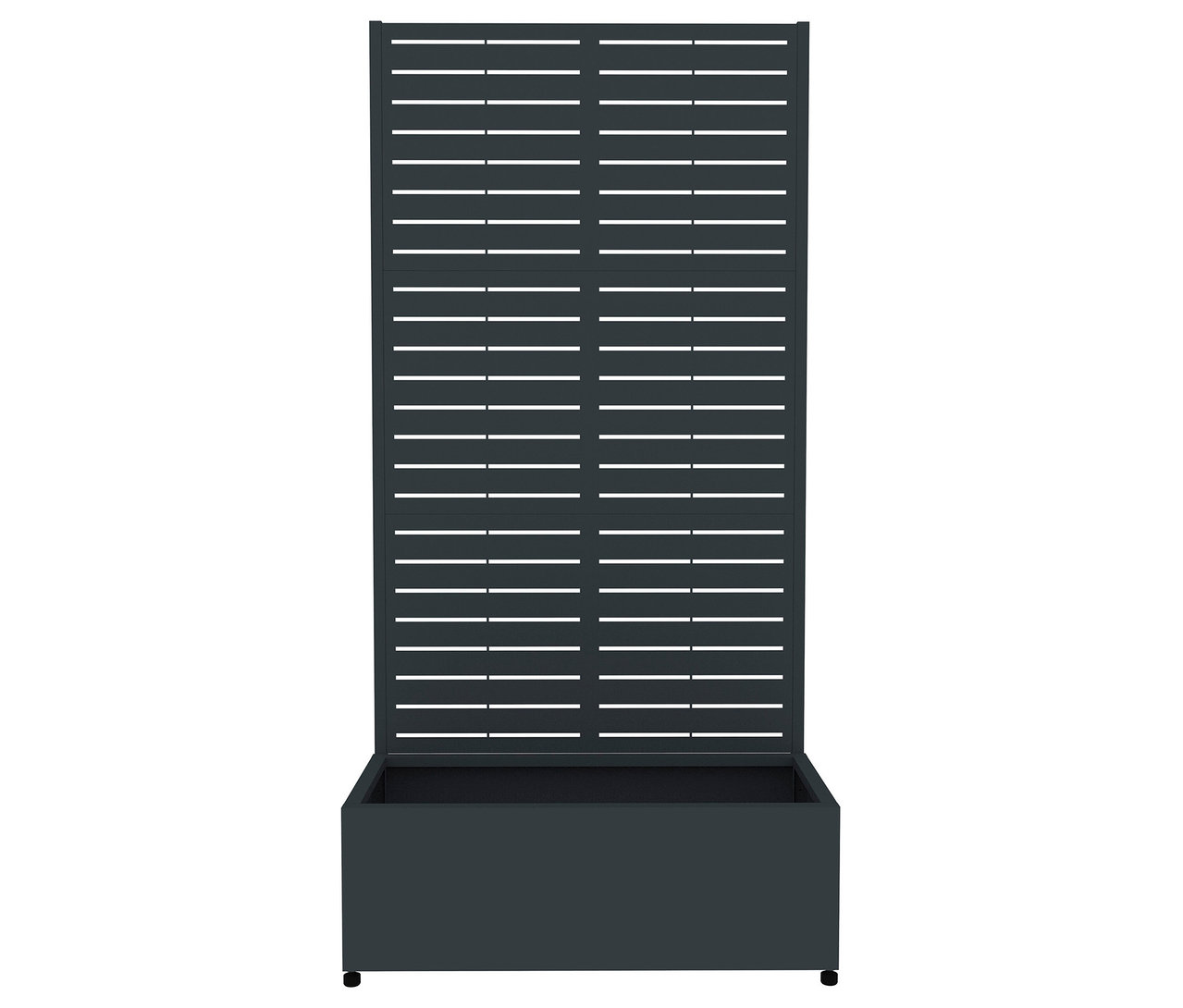 Grauer Sichtschutz mit Pflanzkasten, 90 x 184 x 42,5 cm.