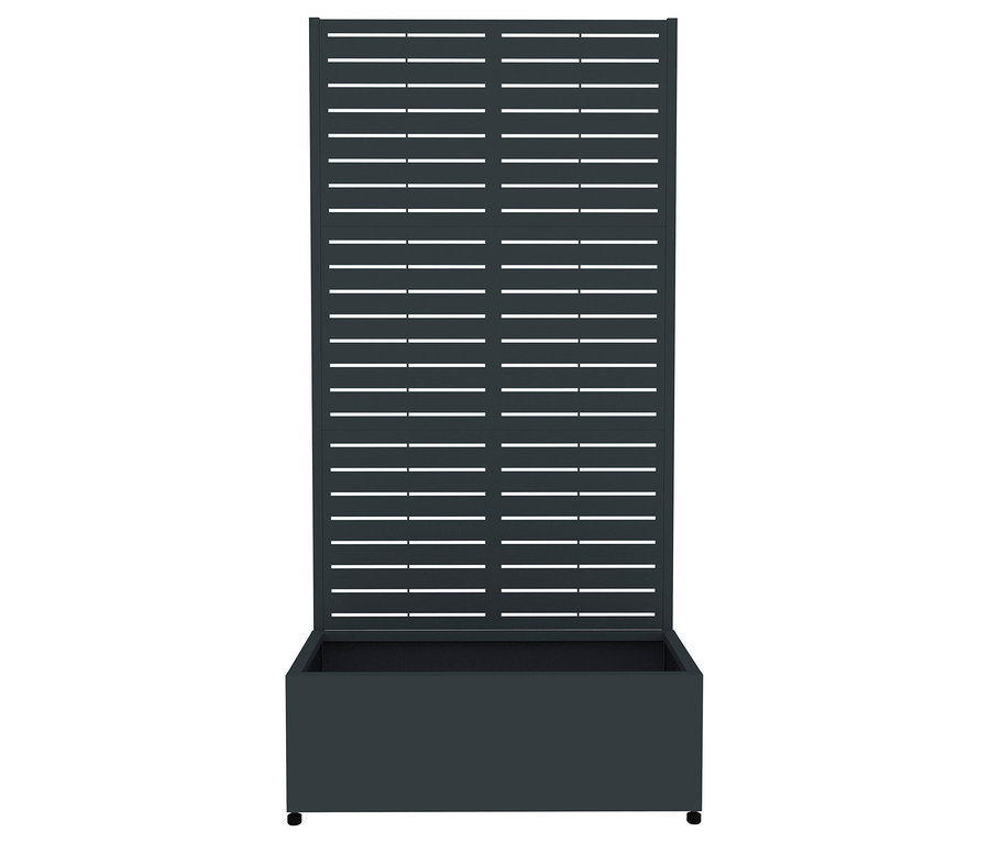 Grauer Sichtschutz mit Pflanzkasten, 90 x 184 x 42,5 cm.