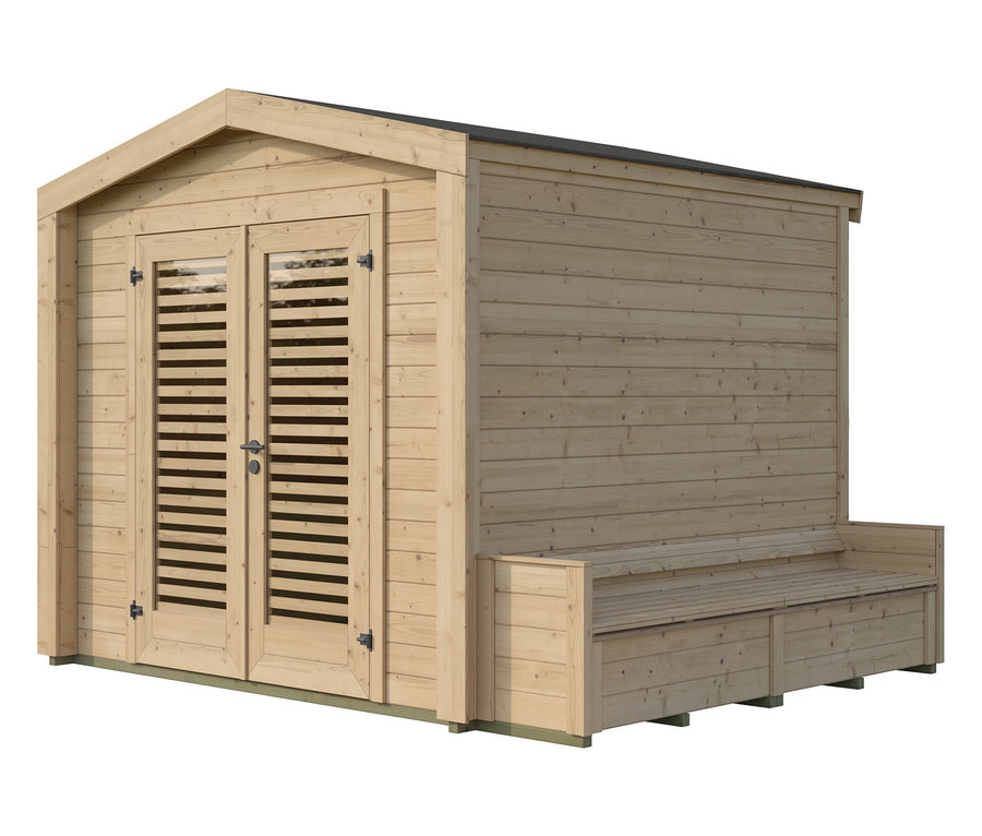 Ein unbehandeltes Holzgartenhaus mit Doppeltüren und seitlicher Sitzbank.
