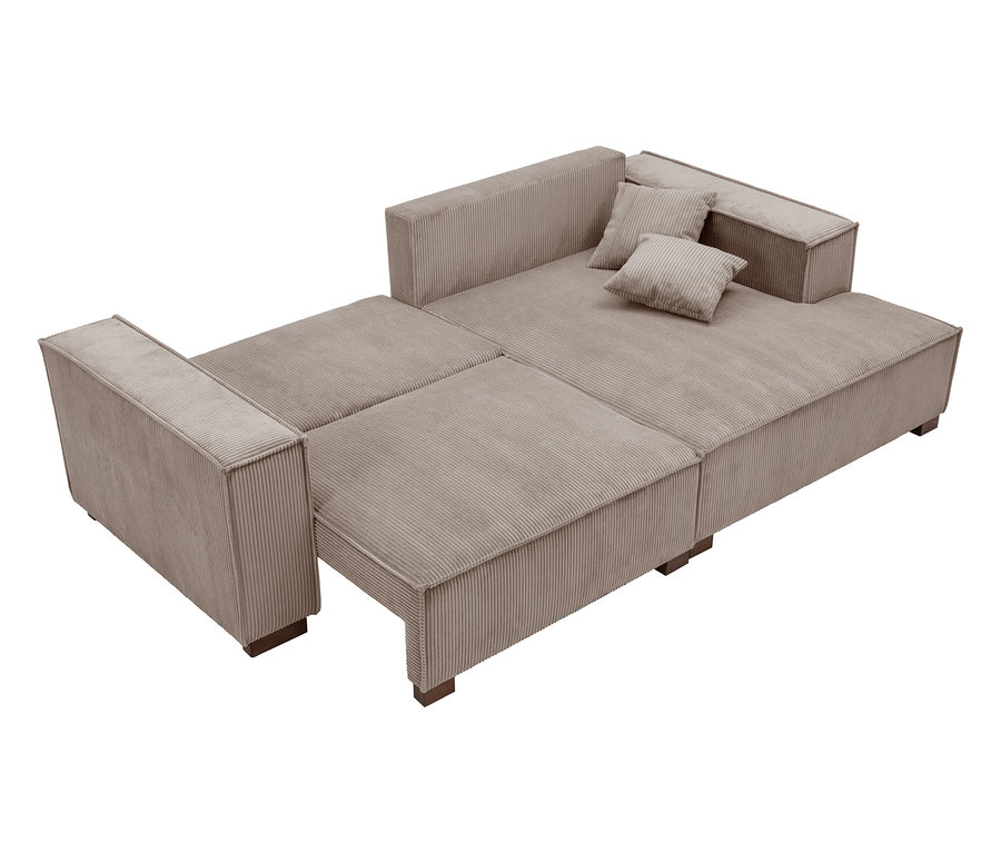 Beiges Cord-Schlafsofa mit zwei Kissen.