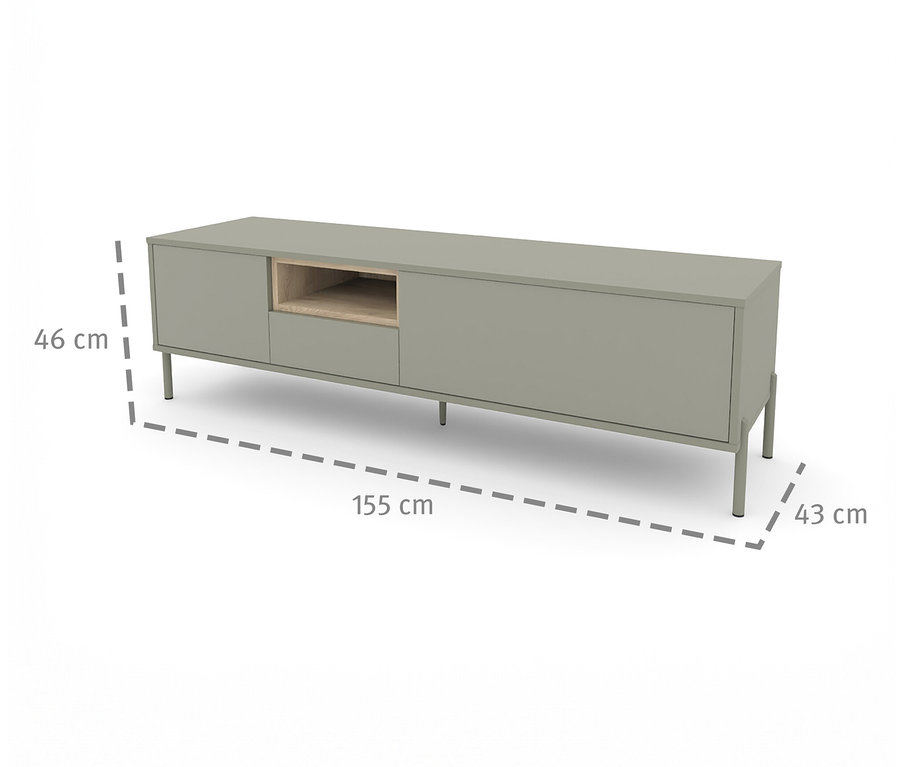 Salbeigrüne Lowboard "Hygge" mit offenem Fach und Schranktüren, Maße eingezeichnet.