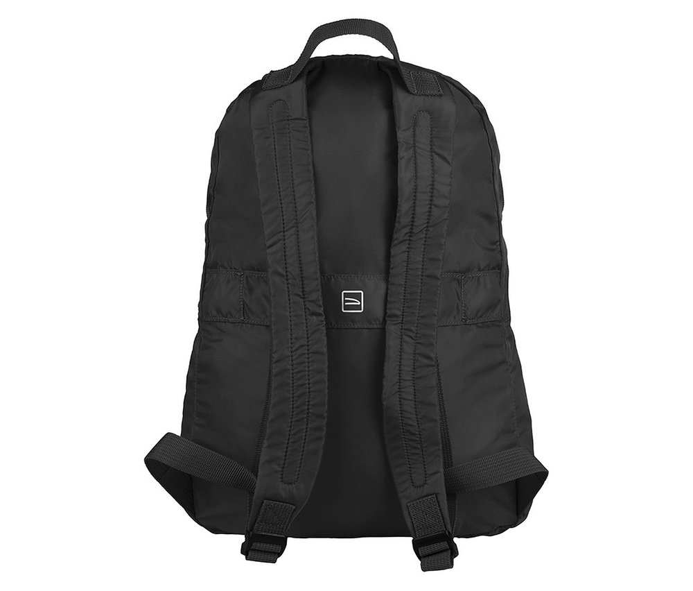 Rückansicht des schwarzen Tucano Rucksacks »Compatto Eco« mit Trägern und kleinem Logo.
