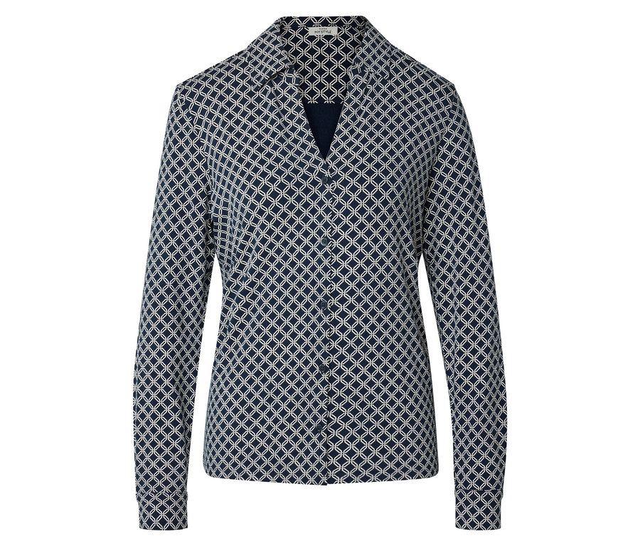 Marineblaue Bluse mit geometrischem Muster.