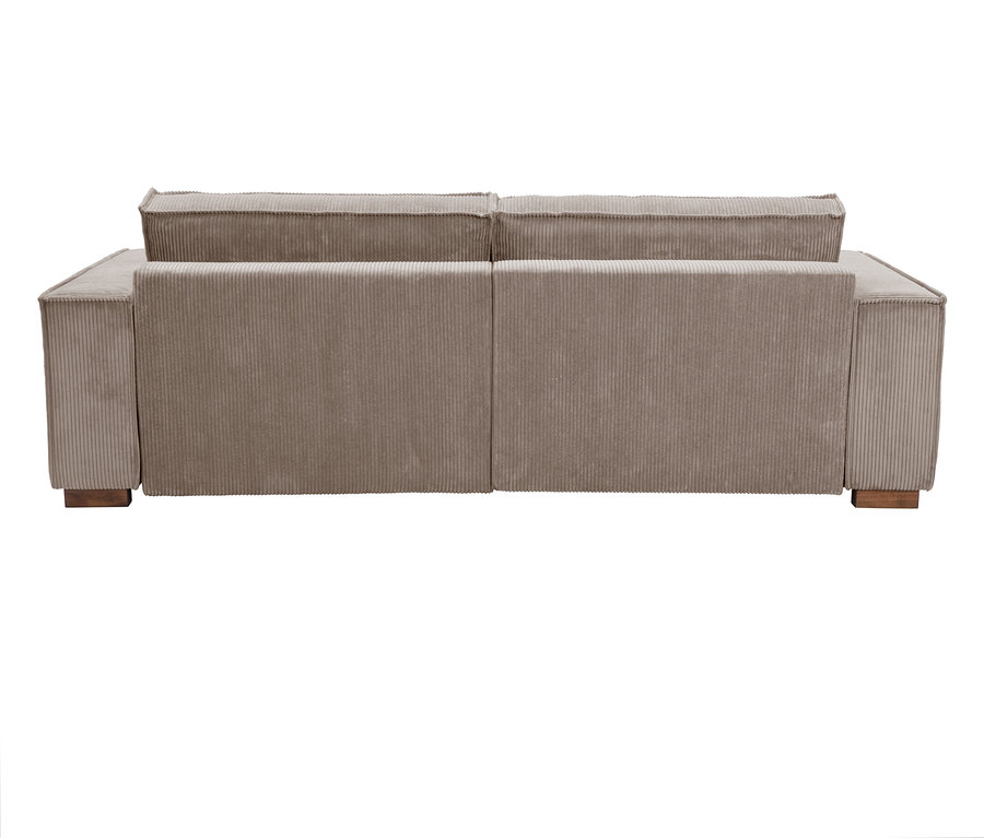 Rückansicht eines beigen Cordsofas auf Holzfüßen.