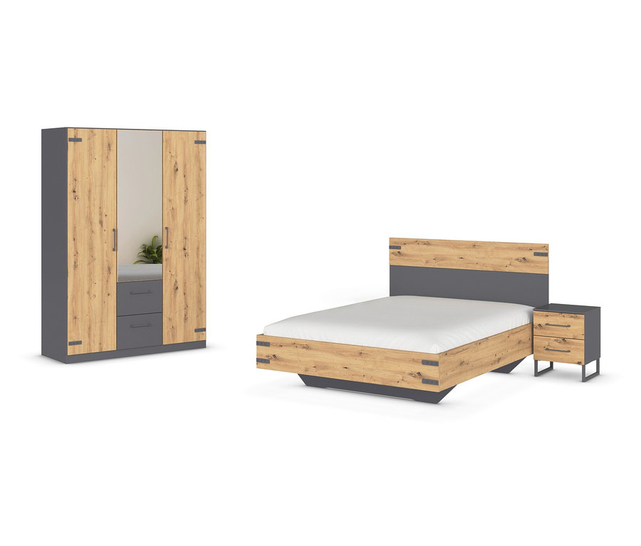rauch Set »Butte«, groß: Bett 140 x 200 cm, Nachttisch und Schrank in Holz- und Grautönen.