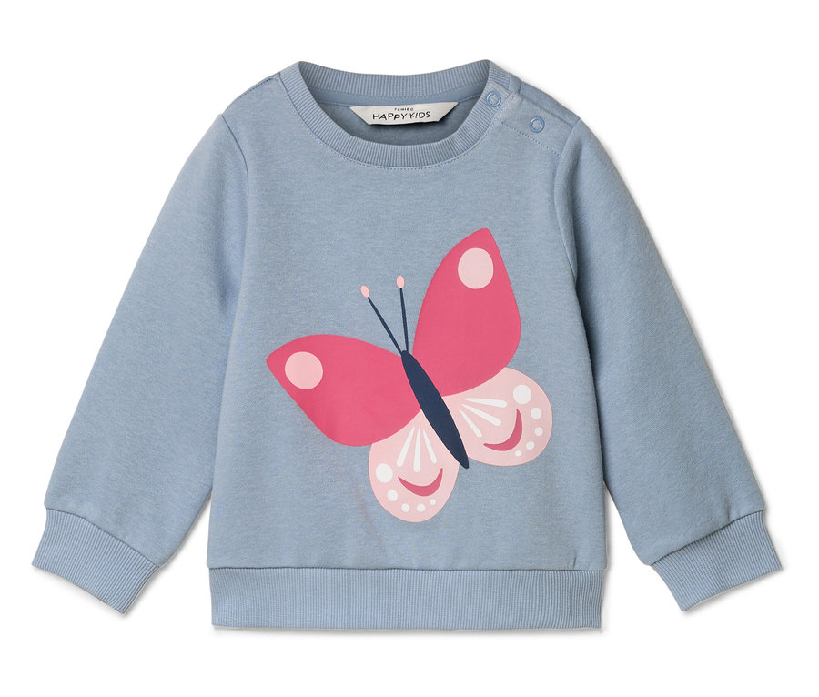 Hellblaues Sweatshirt mit pinkem Schmetterling.