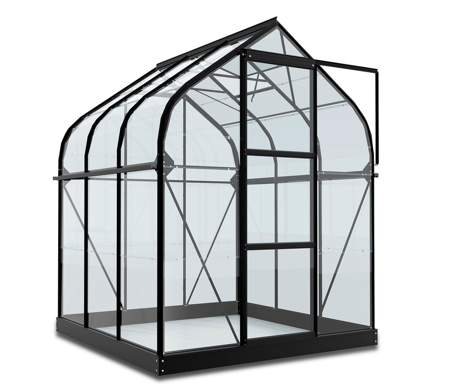 Vitavia Gewächshaus Orion ESG 3,8 m² inkl. Rahmenfundament mit offener Tür.