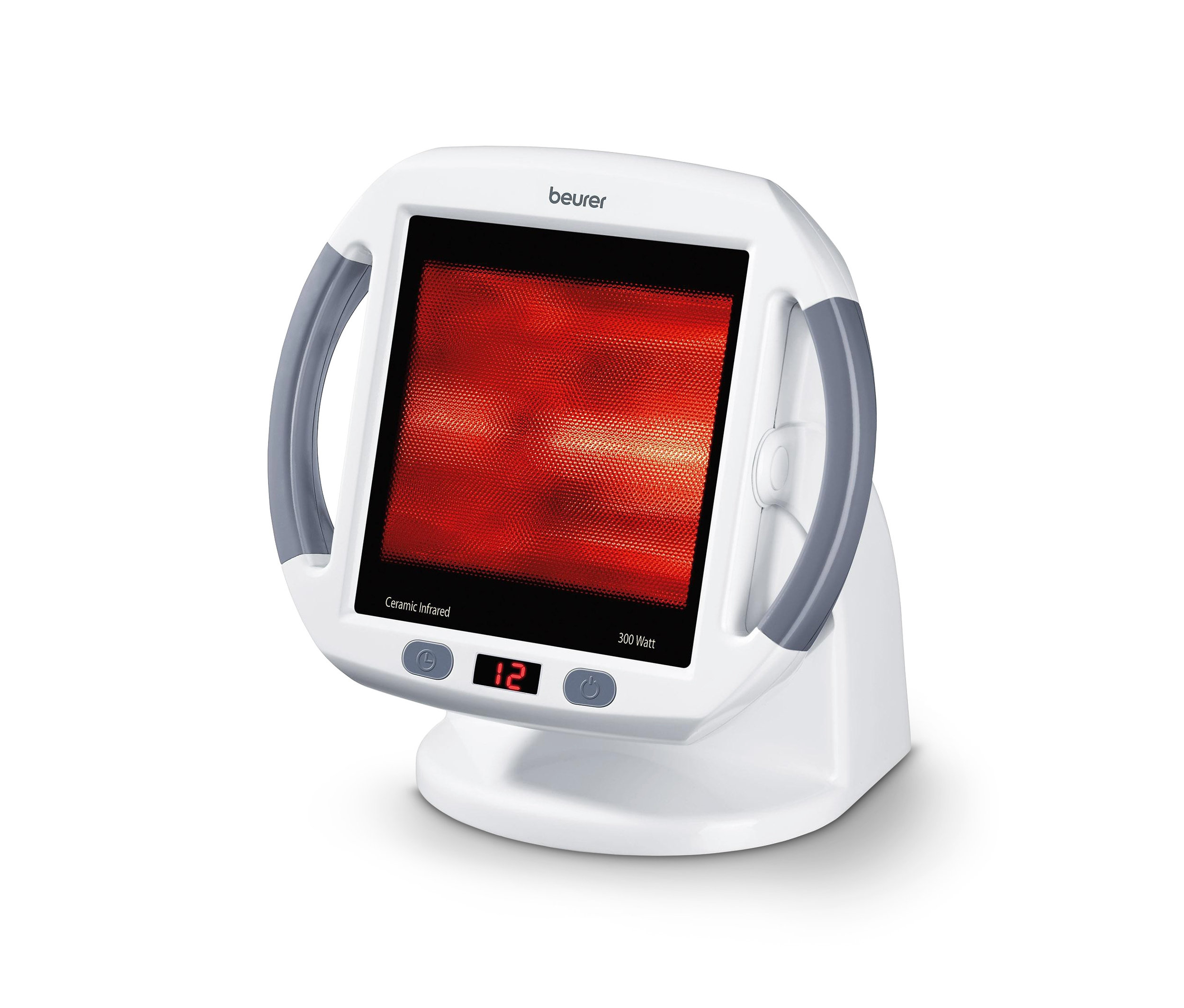 Beurer-Infrarot-Wärmestrahler IL 50 mit rotem Licht und grauen Griffen.