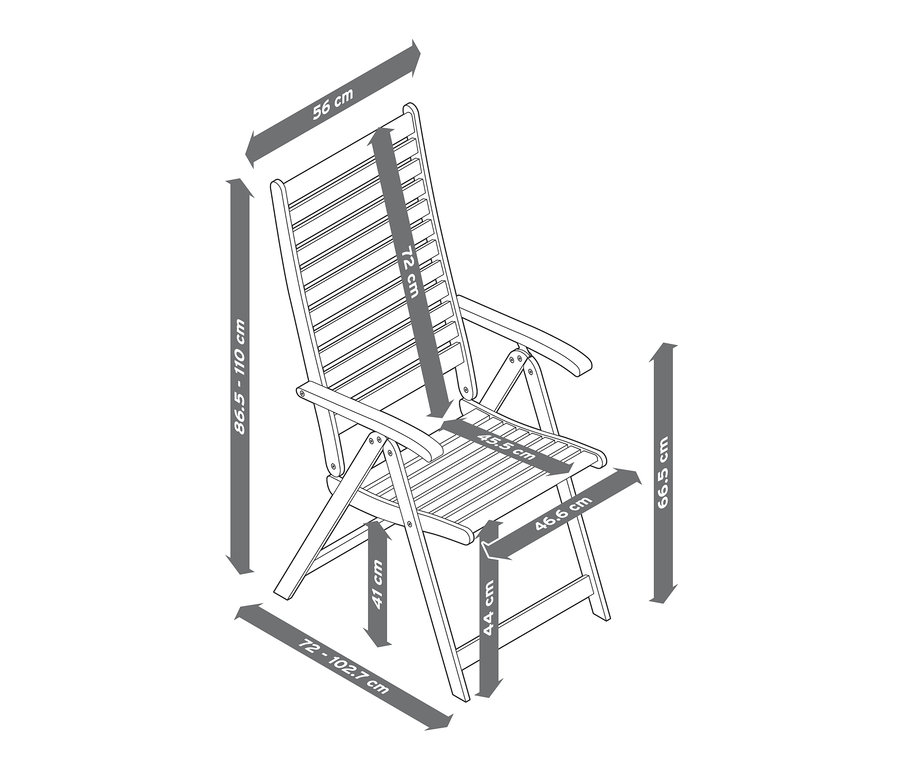 Eine Skizze von einem Hochlehner »Leira« mit verstellbarer Rückenlehne und Bemaßung.