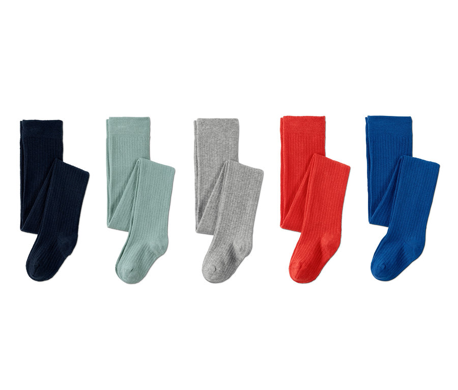Fünf gerippte Strumpfhosen in Dunkelblau, Hellgrün, Grau, Rot und Blau.