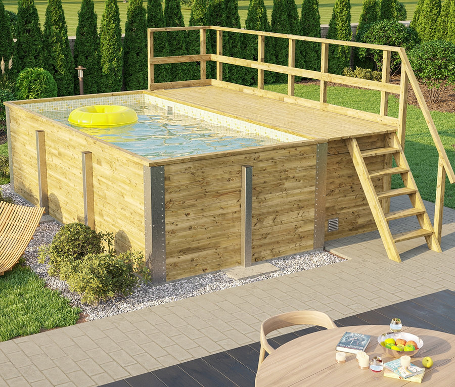 WEKA Gartenpool inkl. Sonnendeck, ca. 400 x 301 cm im Garten mit gelbem Schwimmring.