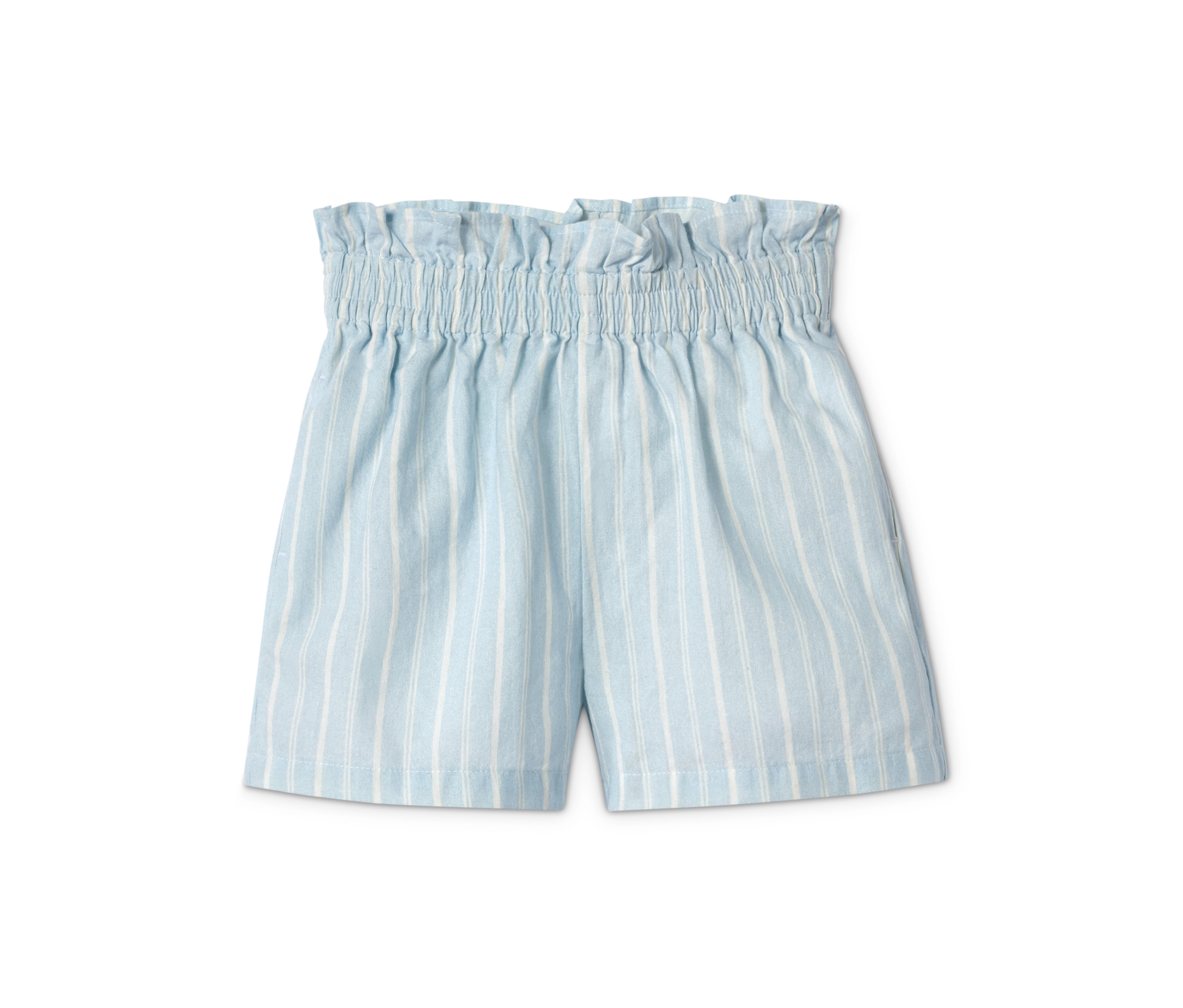 Blau-weiß gestreifte Paperbag-Shorts.