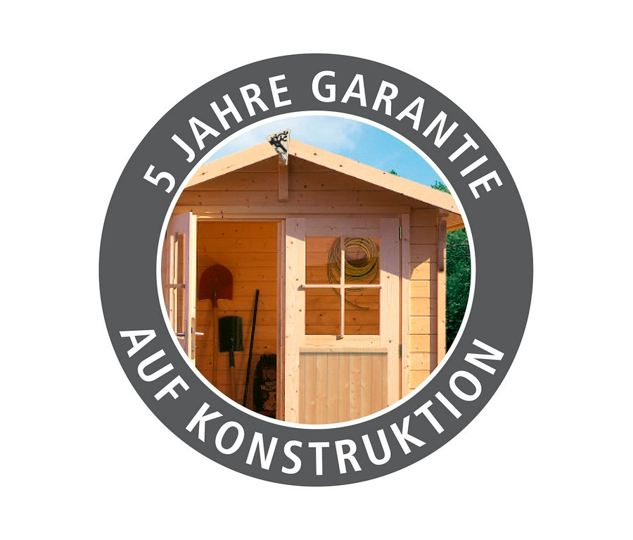 Offener Karibu Carport mit Abstellraum, Seiten- und Rückwand und dem Schriftzug "5 Jahre Garantie auf Konstruktion" im Kreis.