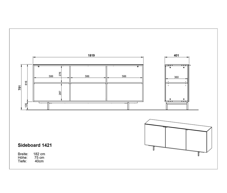Eine Zeichnung eines Sideboards mit Abmessungen.
