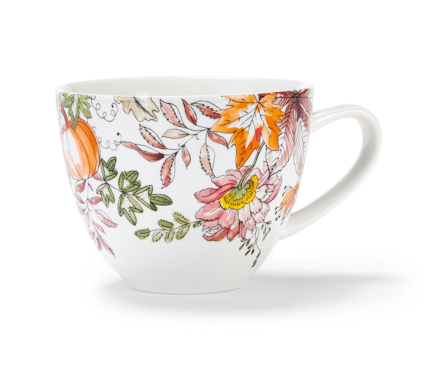 Eine weiße XL-Tasse mit Herbstblumenmuster.