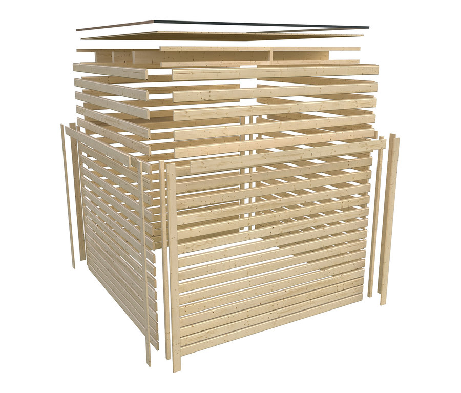 Explosionsdarstellung eines Karibu Gartenhauses mit Holzbrettern und Rahmen zur Montage.
