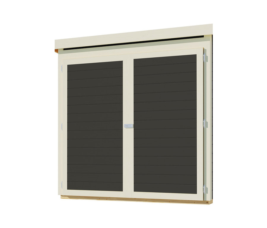 Detailansicht der Doppeltür einer terragrauen Karibu Fahrradgarage.