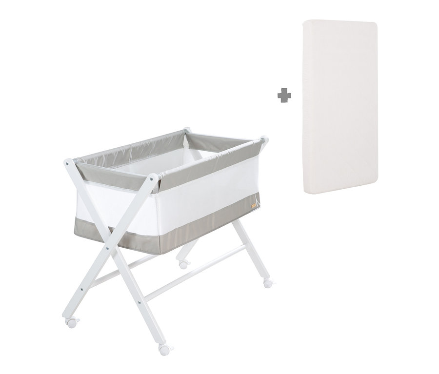 roba Klappbares Stubenbett mit weißem Gestell, grauen Akzenten und einer weißen Matratze.