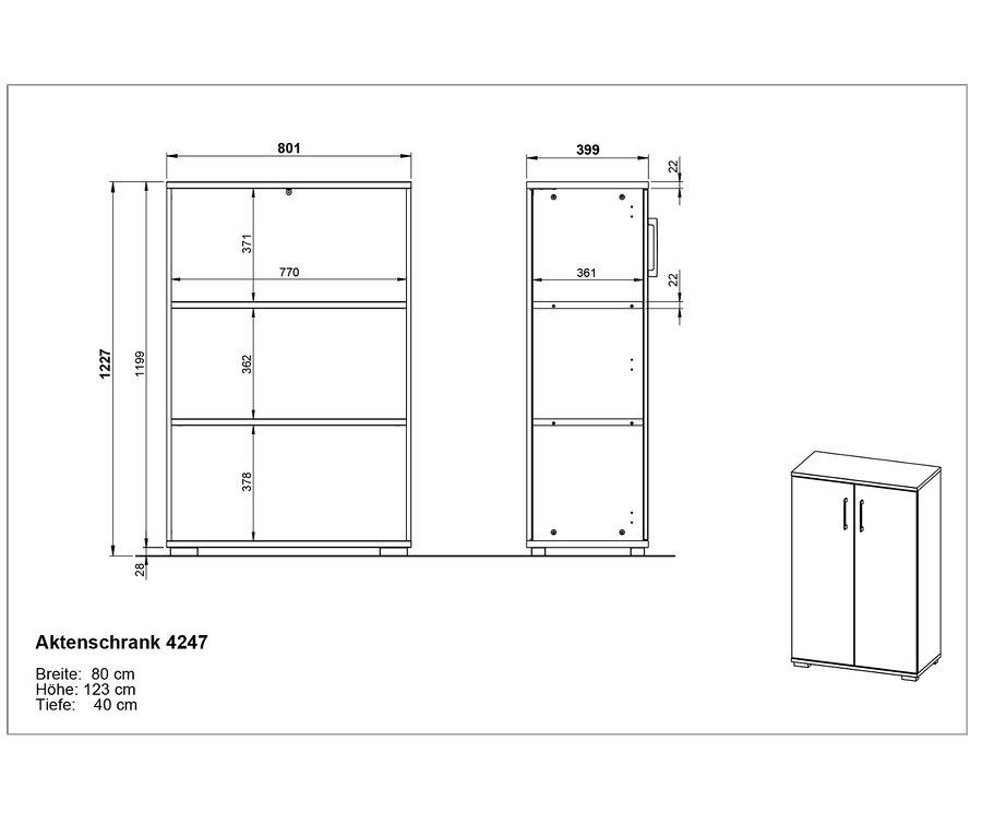 Abmessungen eines kleinen Aktenschranks »Profi«.