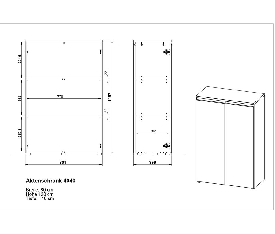 Zeichnung eines kleinen Aktenschranks „Bedano“ in Graphit und Kaschmir.