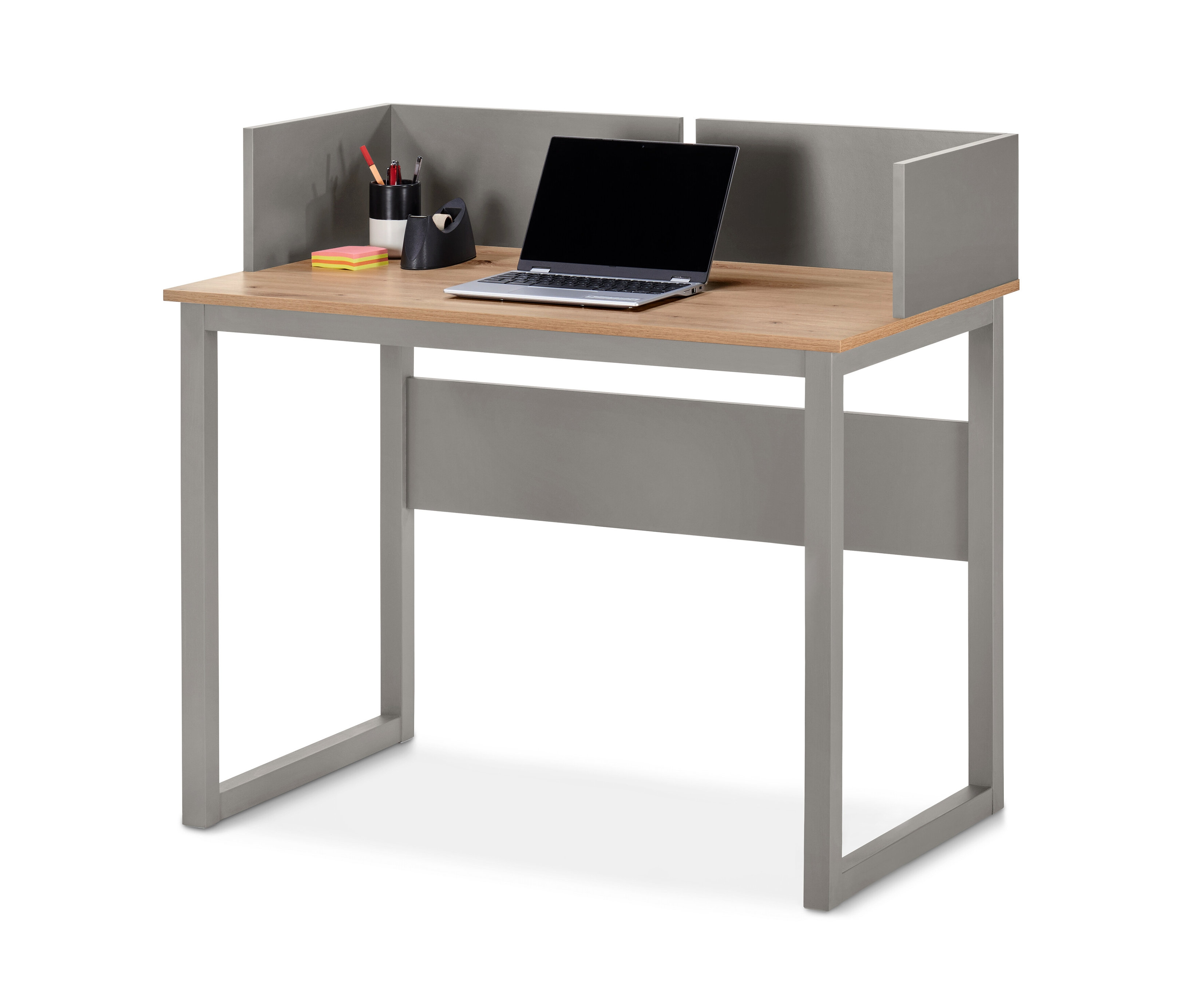Grauer Sekretär mit seitlicher Umrandung mit Laptop, Notizblock, Stiften und Klebeband.
