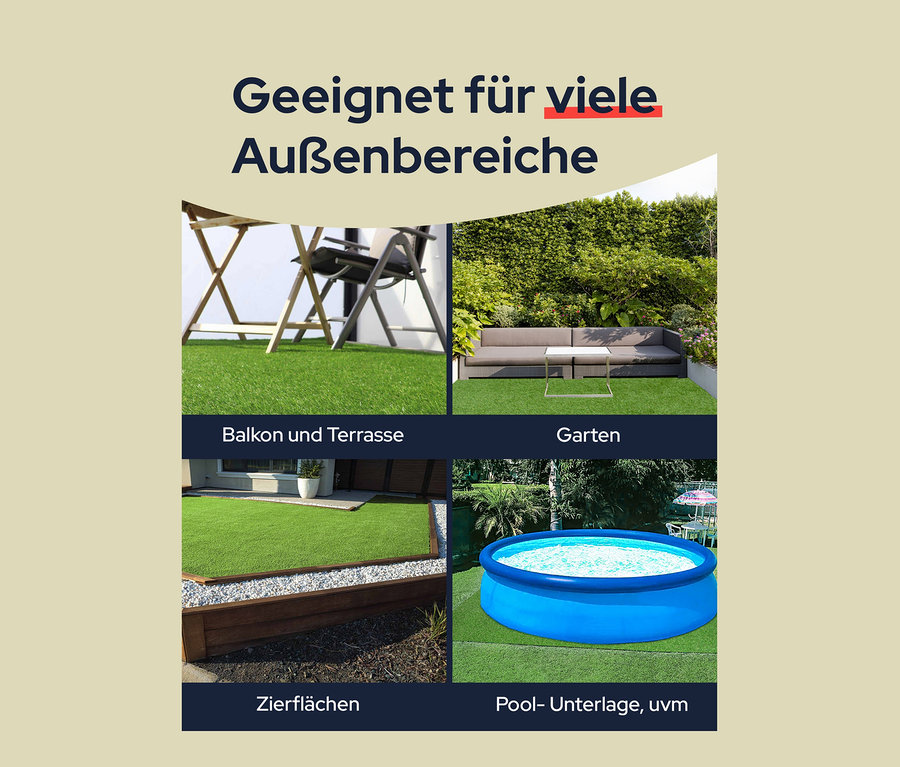Vier Bilder zeigen verschiedene Außenbereiche, die mit Primaflor Kunstrasen »WOODLAND« bedeckt sind.