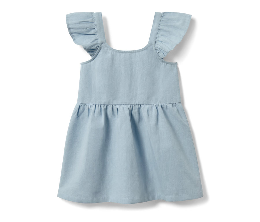Helles blaues Kinder-Webkleid mit Rüschenärmeln.