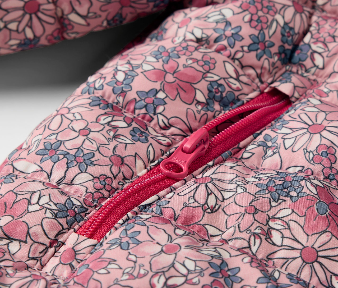 Detailaufnahme einer Kinder-Steppjacke, geblümt, mit offenem Reißverschluss.