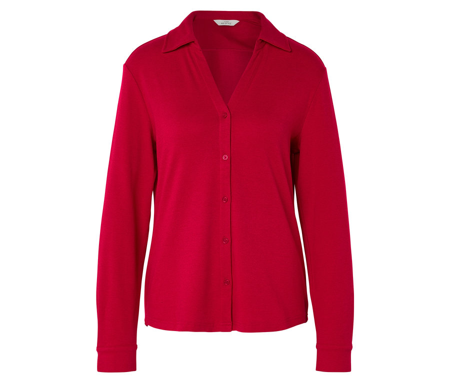 Ein rotes, langärmeliges Hemd mit Kragen.