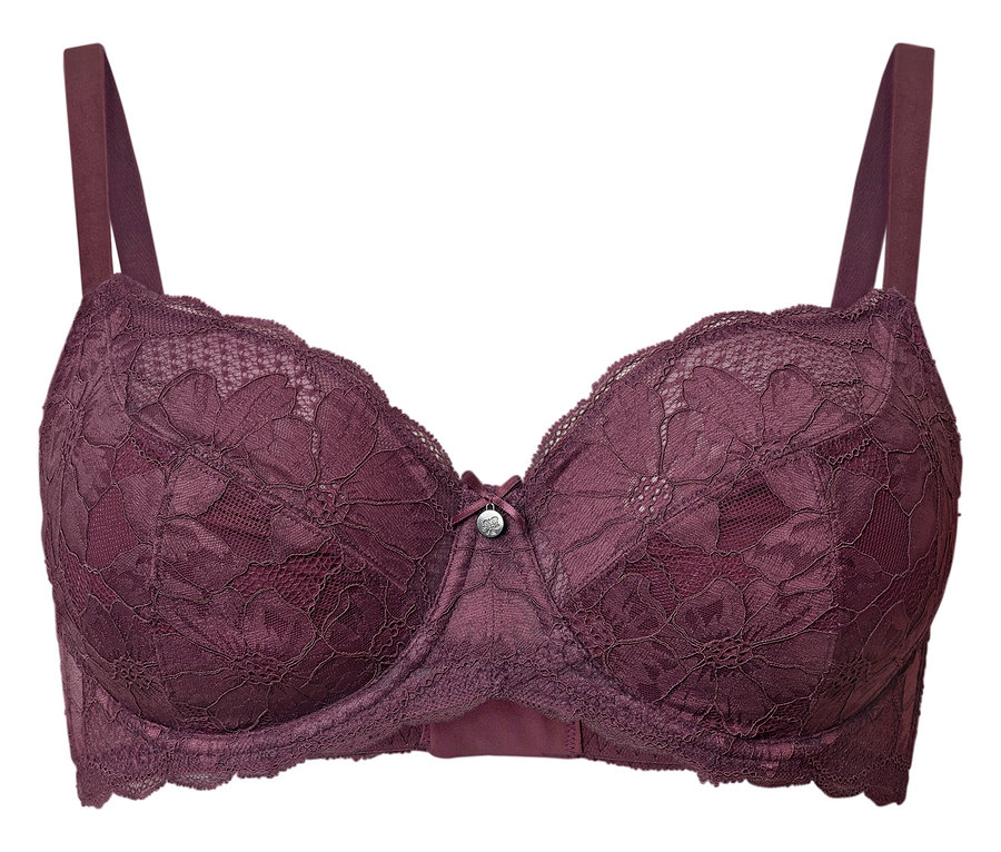 Ein lilafarbener Spitzen-BH mit Bügeln auf weißem Hintergrund.