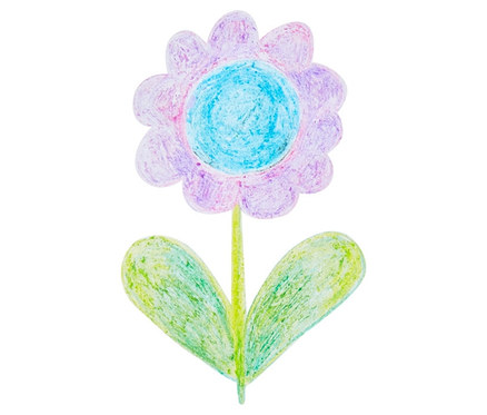 Eine mit Wachsmalstiften gezeichnete Blume mit lila Blütenblättern und einem blauen Zentrum.
