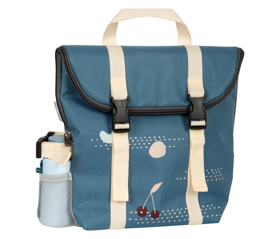 Blauer Picknickrucksack mit Kirschmuster und weißen Trägern. small foot Picknickrucksack »tasty«