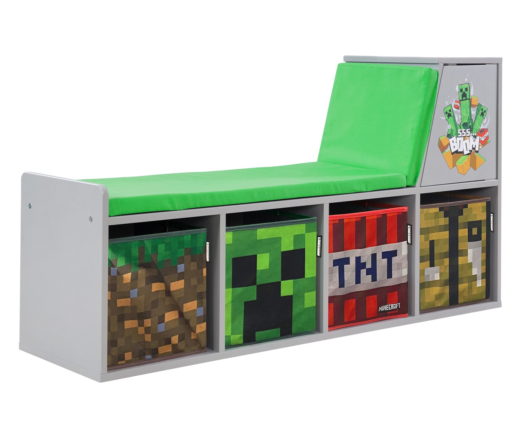 Graue Bank mit Stauraum und grüner Sitzfläche. Die Aufbewahrungsboxen sind mit Minecraft-Motiven versehen. roba Minecraft Sitzbank und Leseregal