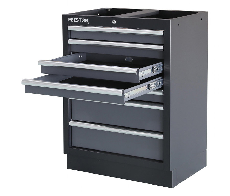 Ein schwarzer FEISTOS Werkzeugschrank Apollo 1 mit vier Schubladen, von denen zwei geöffnet sind.