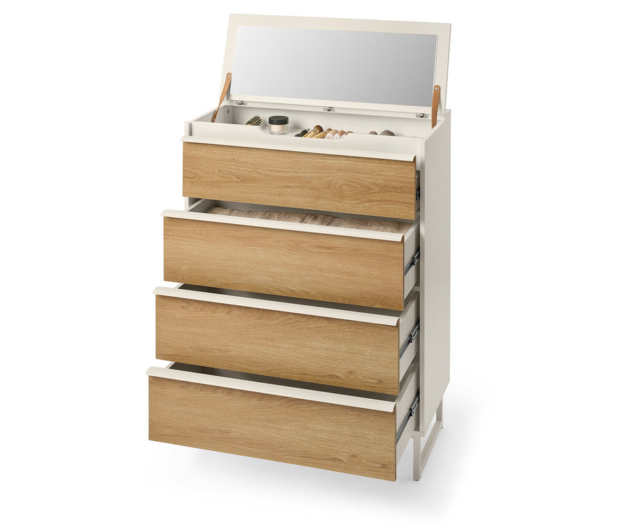 Kommode mit vier Schubladen mit offenem Oberteil, das einen Spiegel und Kosmetika freigibt.