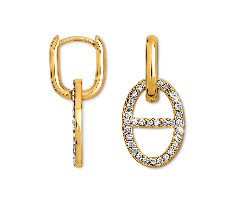 Zwei goldene Ohrringe mit ovalem Anhänger, der mit klaren Steinen verziert ist.