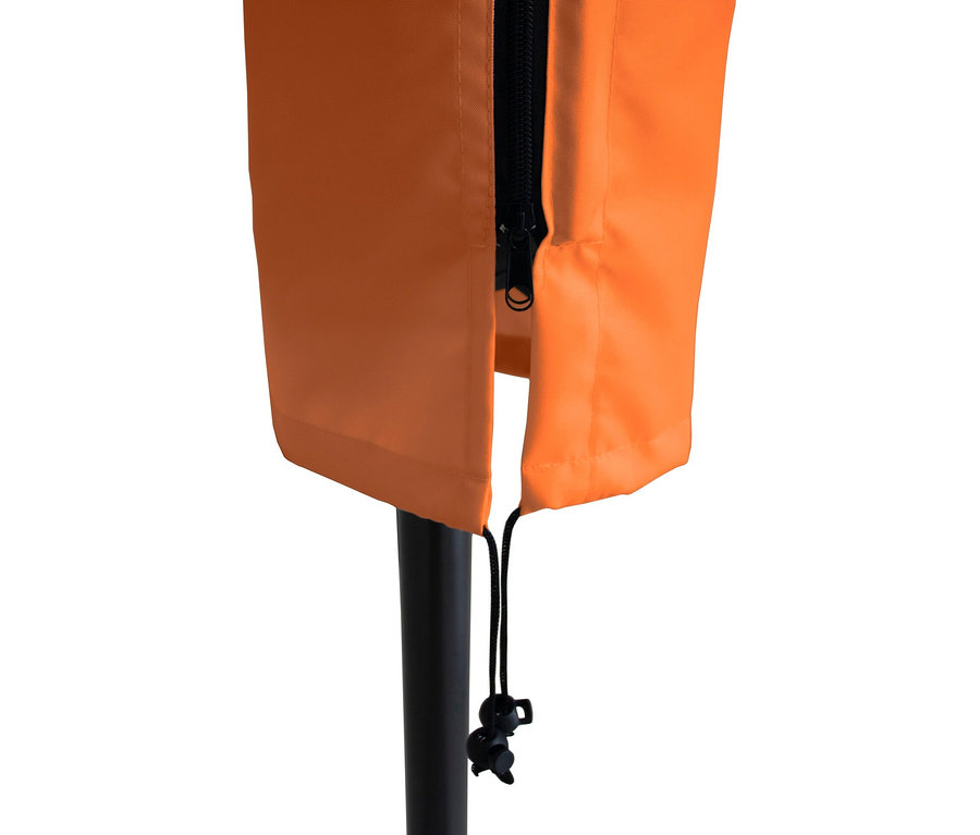 Detailansicht eines orangefarbenen Leco Sonnenschirms mit schwarzem Reißverschluss und Kordelzug.