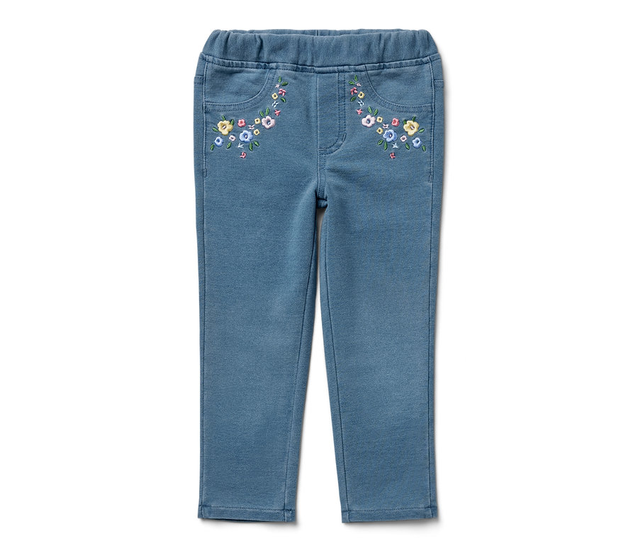 Blaue Kinder-Jeggings – Fit »Mia« mit Blumenstickerei auf den Taschen.