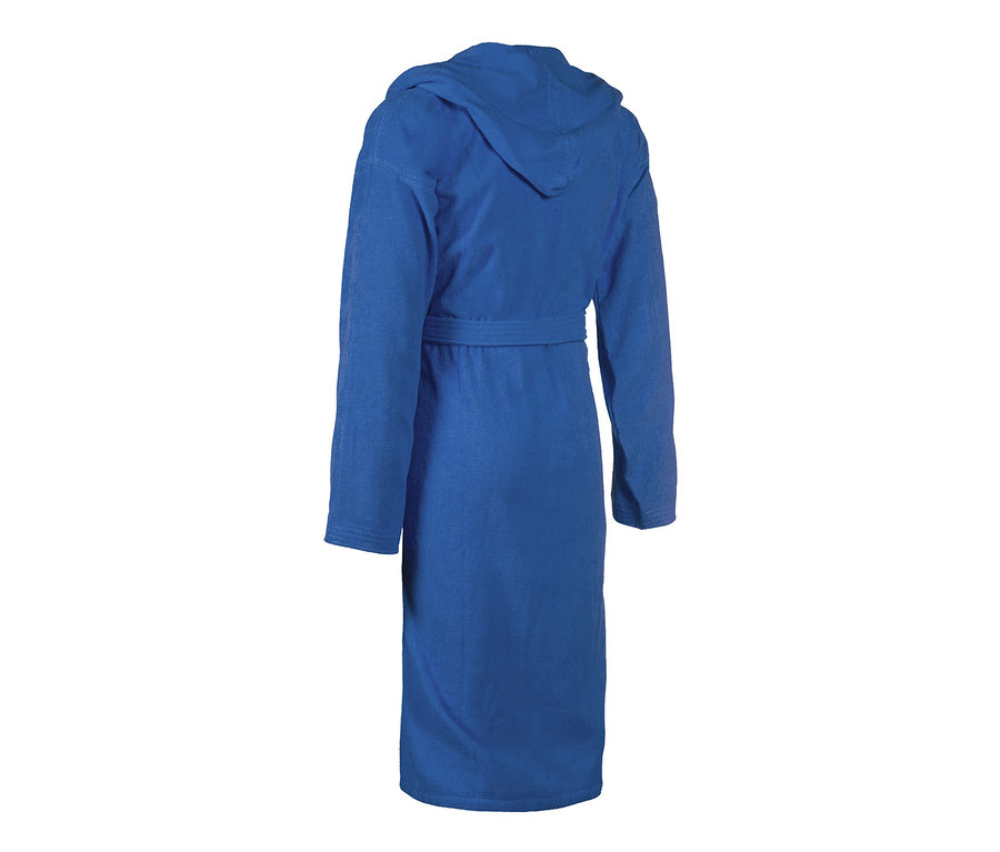 Blauer Bademantel mit Kapuze und Gürtel. Das ist ein arena Kinder-Bademantel Zeppelin Light JR.