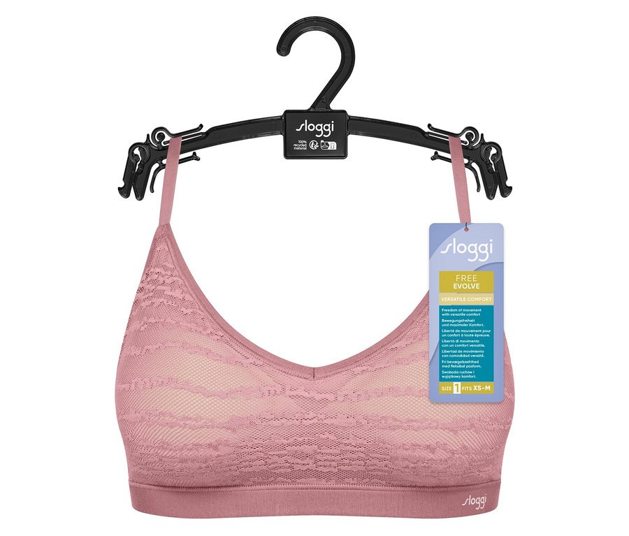 Rosa Sloggi BH an einem schwarzen Kleiderbügel.