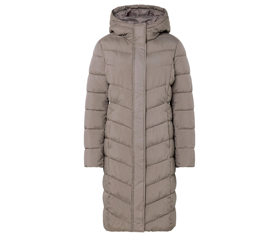 Beige, gesteppte Daunenjacke mit Kapuze.