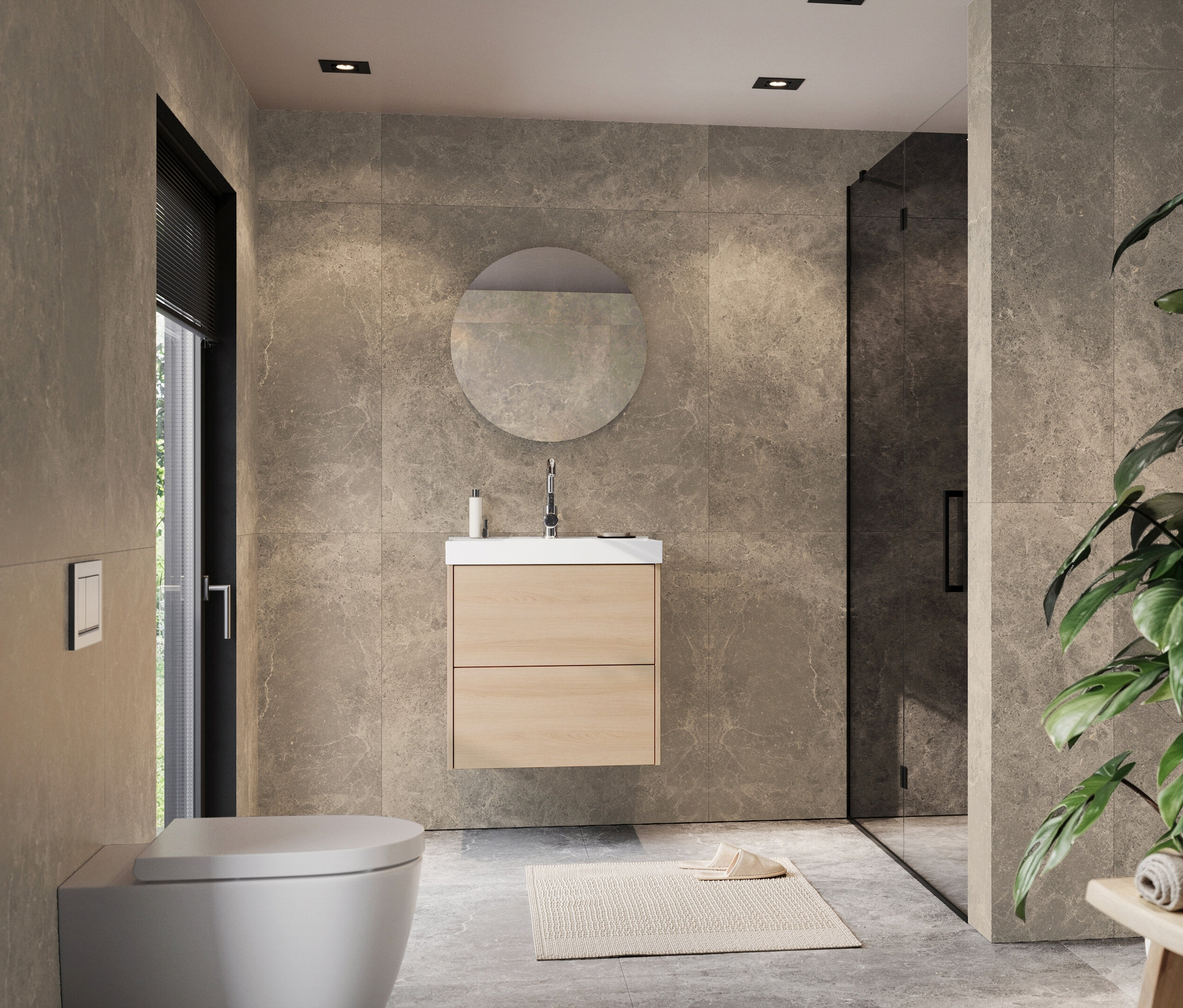 Modernes Badezimmer mit Waschtischunterschrank, Spiegel und Toilette vor grauen Fliesen.