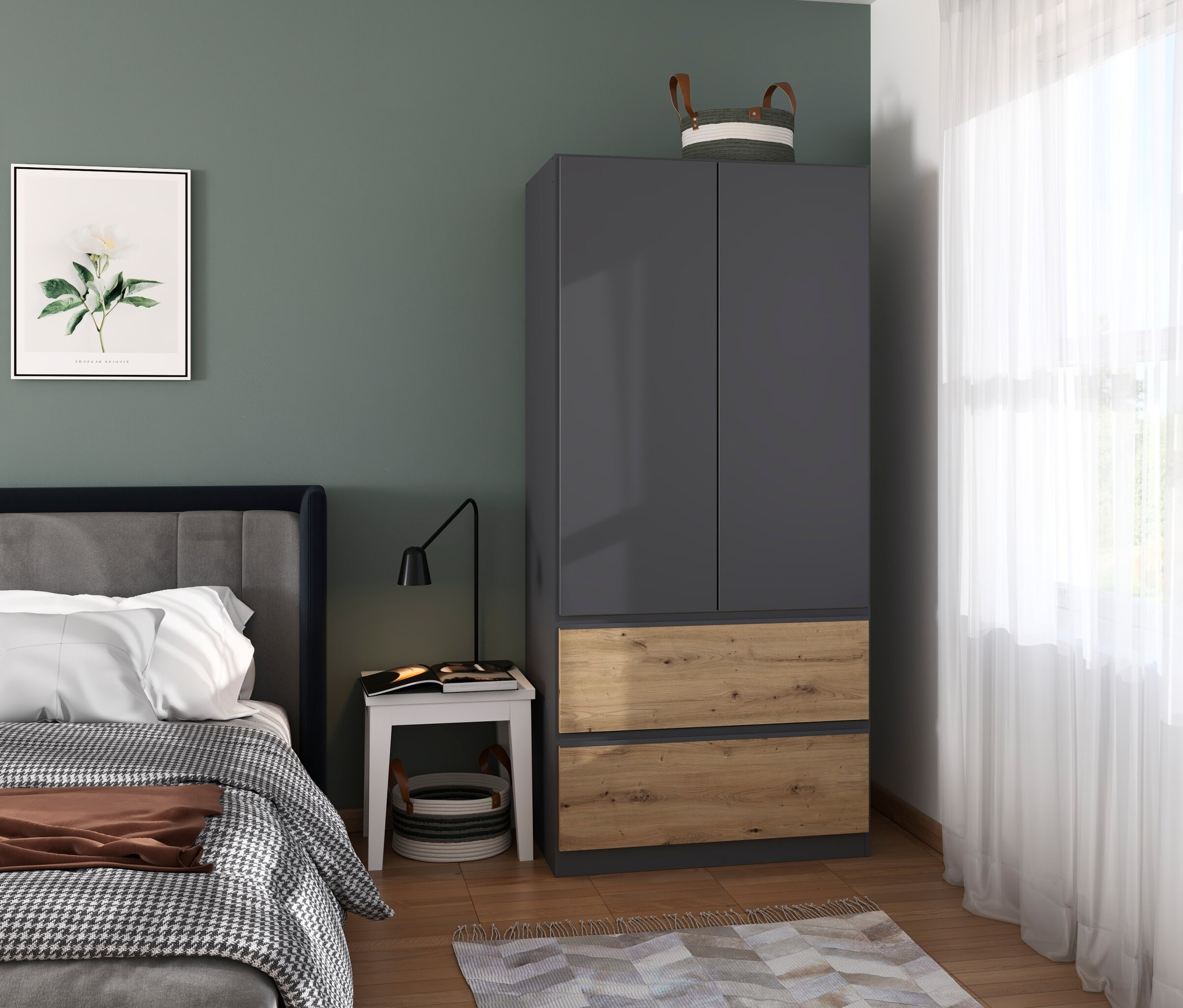 Schlafzimmer mit Bett, Nachttisch und rauch Kleiderschrank »Joel«.