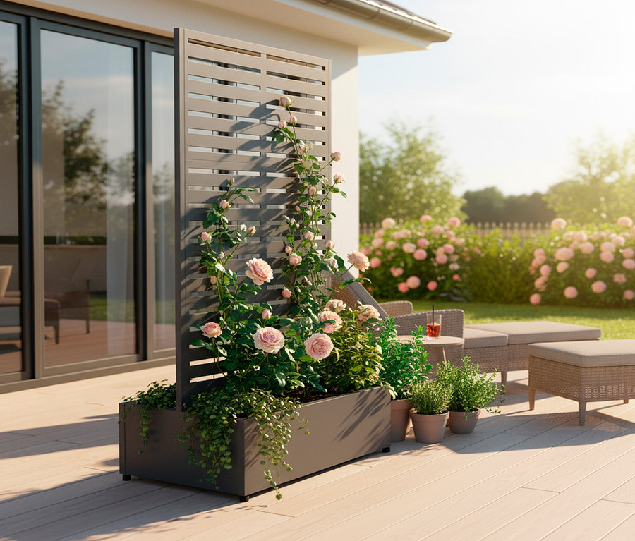 Rankgitter mit Rosen in einem Pflanzkasten auf einer Terrasse.