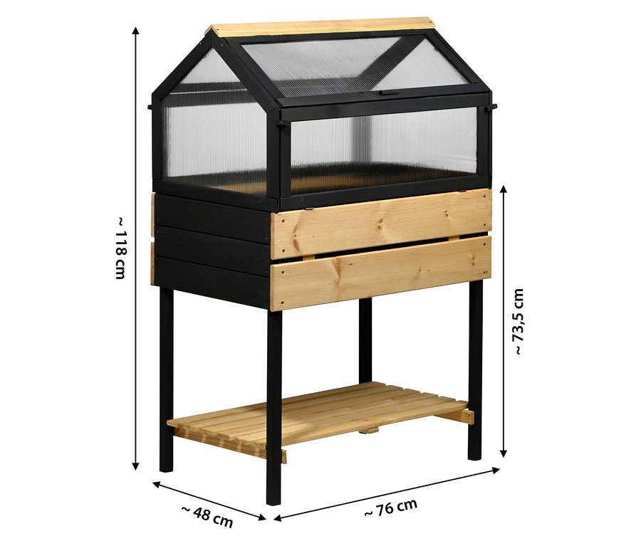 Abgebildet ist ein 4-Jahreszeiten-Hochbeet, L mit einer Höhe von 118 cm, einer Breite von 76 cm und einer Tiefe von 48 cm.