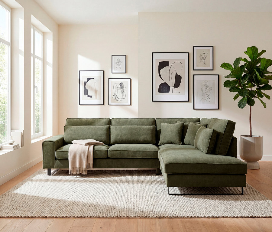 Ein grünes Ecksofa mit Kissen und einer Decke steht auf einem beige Teppich. An der Wand hängen sechs gerahmte Bilder.