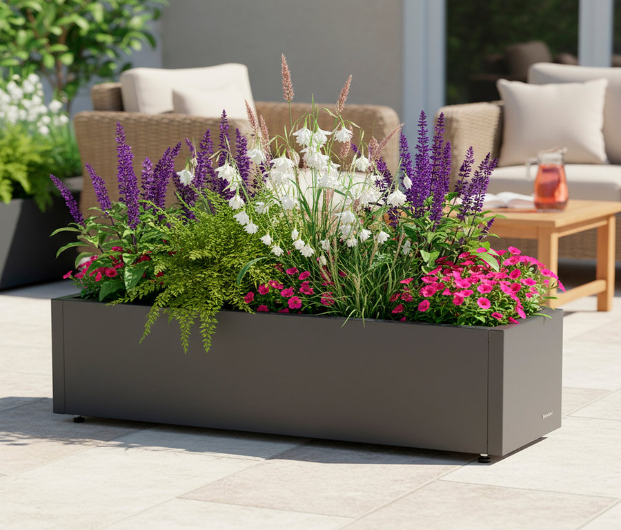 Verschiedene Blumen in einem grauen rechteckigen Pflanzgefäß im Freien.