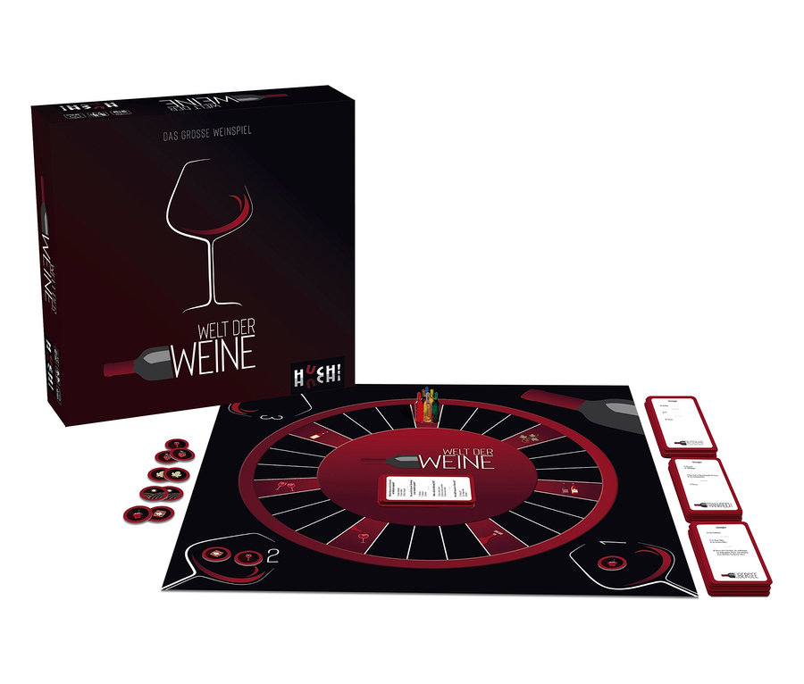 Abbildung des Spiels »Welt der Weine«, bestehend aus Schachtel, Spielbrett, Karten und Spielmarken.