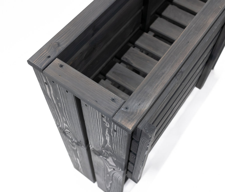 Detailaufnahme von oben auf ein dunkelgraues Hochbeet, ca. 100 x 88 x 30 cm, auf weißem Hintergrund.