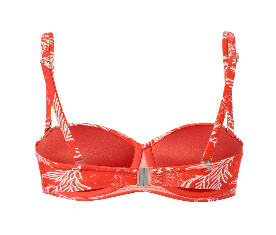 Detailansicht der Rückseite eines orangefarbenen Bikini-Tops »Multistyle« mit recyceltem Material und weißem Korallenmuster.